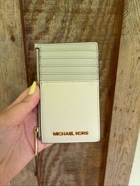 Michael Kors Cream Leather Card Case with Gold Logo